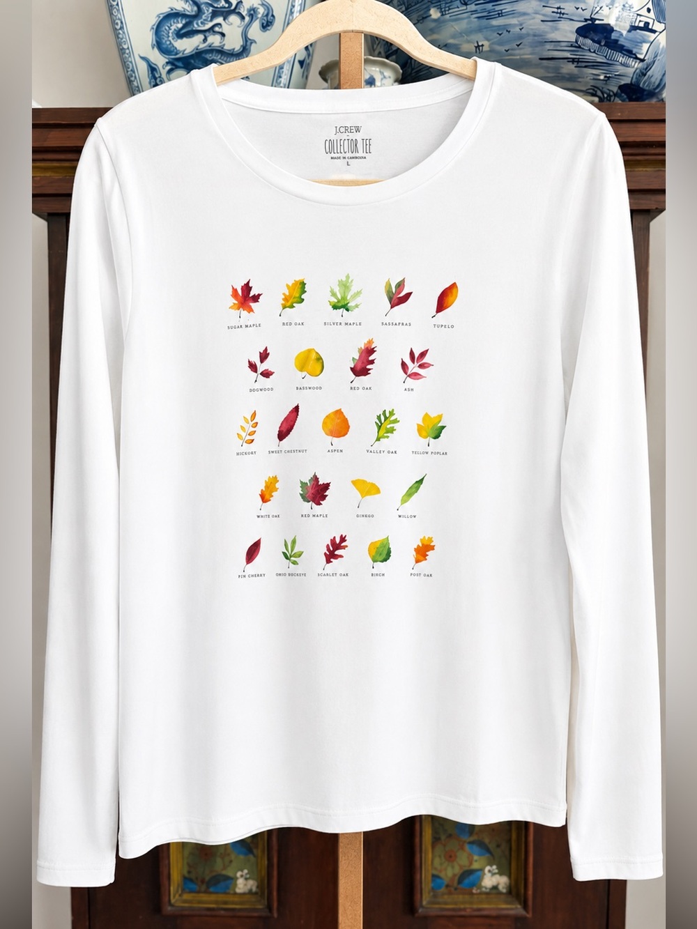 J.Crew Collector Tee Leaf Botanical Graphic Long Sleeve White Top Size L Cotton